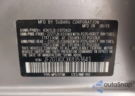 2019 Subaru Crosstrek 2.0I Premium z USA, uszkodzony, nr VIN JF2GTADCXK8353643